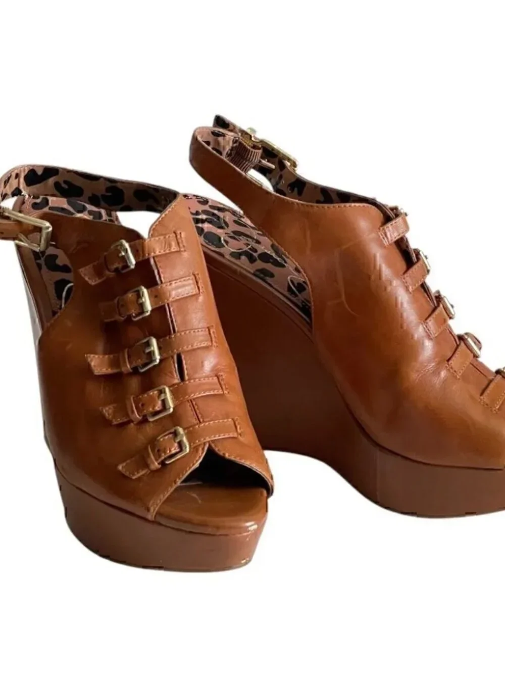 Jessica Simpson Brown Leather Buckle Wedge Platform Sandals | Size 7.5